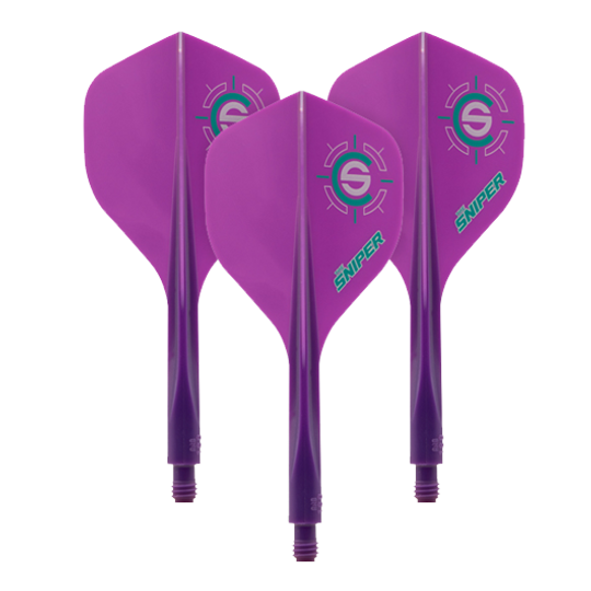 Das Bild zeigt drei lila Dartflights mit dem Aufdruck "Sniper" und einem Zielsymbol. Es handelt sich um das Produkt "Condor Axe 120 Connor Scutt Sniper Purple Flight-System - Standard".
