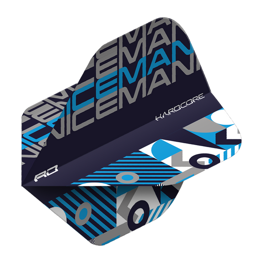 Das Bild zeigt ein Dart-Flight mit der Aufschrift "ICEMAN" in Grau und Blau auf schwarzem Hintergrund. Auf dem Flight sind außerdem geometrische Muster in Blau, Weiß und Grau sowie das Wort "HARDCORE" zu sehen.