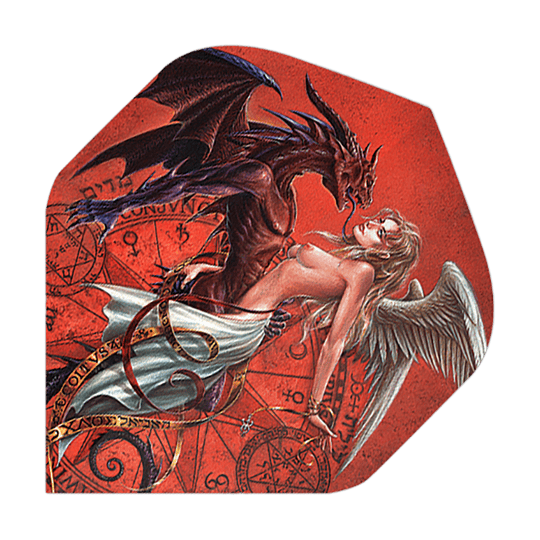 Alchemiczny Ślub Chemiczny Nr 2 Standardowe Loty Das Bild zeigt eine kunstvolle Darstellung eines Drachens und eines Engels, die sich eng gegenüberstehen. Im Hintergrund sind mystische Symbole auf einem roten Untergrund zu sehen.