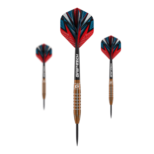Lotki GOAT Quarterback V2 ze stali wolframowej - 24 g Das Bild zeigt drei GOAT Quarterback V2 Tungsten Steeldarts mit einem Gewicht von 24g. Die Darts haben ein auffälliges, rot-blaues Design und sind mit GRIP-TECH-Schäften ausgestattet.