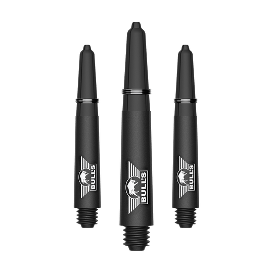 Wałki do gitary Bulls NL Capo Carbon - czarne Ein Bild mit dem Dateinamen BU55340_BullsNL_Capo_Carbon_Shafts_Schwarz_Short_34mm_1Set. Es handelt sich vermutlich um ein Set aus kurzen schwarzen Carbon-Shafts für Darts.