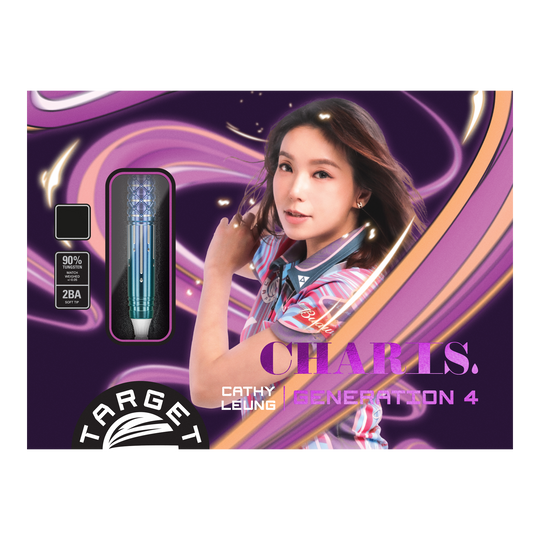 Auf dem Bild ist die Verpackung der "Target Japan Cathy Leung Charis GEN4 Softdarts - 21g" zu sehen. Die Verpackung zeigt eine Frau neben einem Softdart-Pfeil und ist in lila und pinken Farbtönen gestaltet.