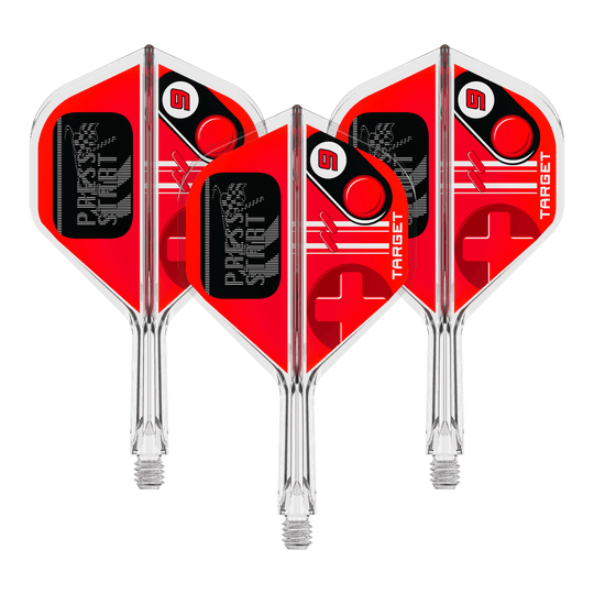 Auf dem Bild ist ein Set Flights für Darts mit dem Namen 410585 Target K-Flex PressStart No2 Standard 19mm zu erkennen. Es ist ein Produkt zur Ausstattung von Dartpfeilen.