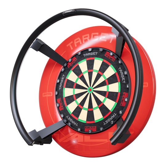 System automatycznego punktowania Target OMNI Das Bild zeigt das Produkt "Target OMNI Auto-Scoring-System", ein modernes Dartboard mit automatischer Punkteerfassung. Das Dartboard ist von einem markanten roten Gehäuse und einem schwarzen Ring umgeben.
