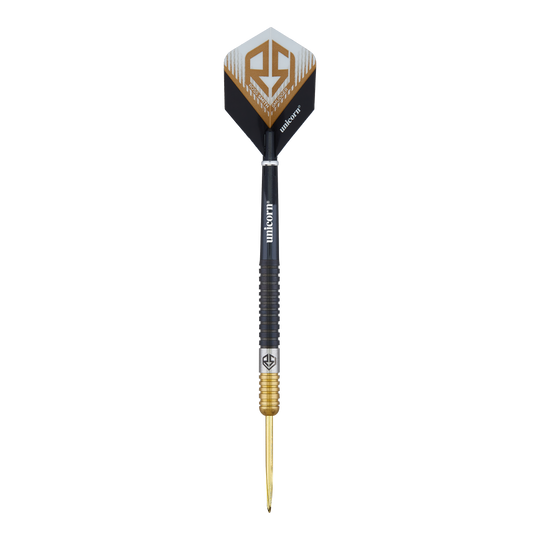 Unicorn Ross Smith Dwukolorowe stalowe lotki Das Bild zeigt einen Steeldart namens "Unicorn Ross Smith Two-Tone". Der Dartpfeil hat ein schwarz-goldenes Design und das Unicorn-Logo auf den Flights.