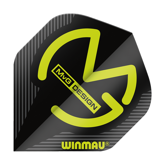 Das Bild zeigt ein Winmau Mega MvG Black Standard Flight in schwarzer Farbe mit gelbem Design. Auf dem Flight stehen die Worte "MvG Design" und "Winmau".