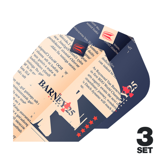 Kieruj na loty ProUltra Raymond Van Barneveld Barney25 Ten-X Das Bild zeigt drei Dart-Flights mit dem Aufdruck "BARNEY25" und einem speziellen Design. Unten rechts steht "3 Set" als Hinweis auf die Anzahl der Sets.