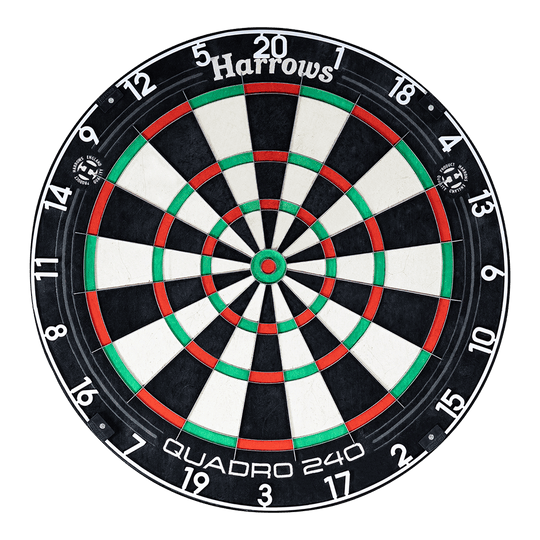 Tarcza do darta Harrows Quadro 240 ze stali Das Bild zeigt ein Harrows Quadro 240 Steeldartboard. Die Dartscheibe hat farbige Segmente in Schwarz, Weiß, Rot und Grün.