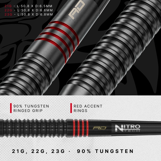 Czerwone strzałki Dragon Jonny Clayton RD-ADV Switch Point Steel Darts Das Foto zeigt ein Produkt mit dem Dateinamen RedDragon_JC_ADV_V1_1080x1080_04. Das Produkt ist gut ersichtlich und im Mittelpunkt.