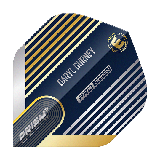 Winmau Prism Delta Daryl Gurney No2 Standard Flights Das Bild zeigt ein Winmau Prism Delta Daryl Gurney No2 Standard Dart Flight. Das Design ist überwiegend dunkelblau mit silbernen und goldenen Streifen und enthält den Namen "Daryl Gurney".