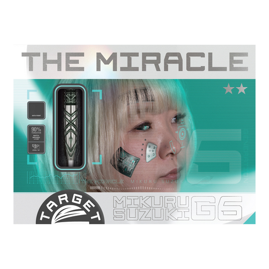 Auf der Verpackung ist ein Steeldart der Marke "Target Japan Mikuru Suzuki The Miracle GEN6 Swiss Point - 23g" zu sehen. Daneben ist ein Porträt einer Frau mit grafischen Elementen im futuristischen Stil abgebildet.