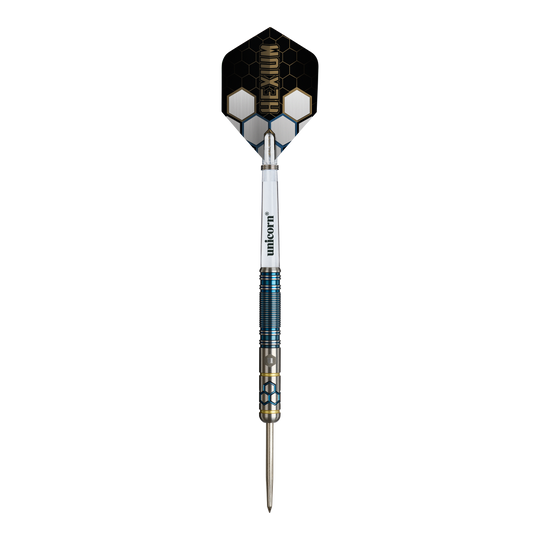 Unicorn Hexium Style 02 Niebieskie i złote Steeldarts Abgebildet sind die Unicorn Hexium Style 02 Blue & Gold Steeldarts. Die Farbkombination aus Blau und Gold ist auffällig.