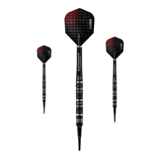 Miękkie lotki Harrows Magnum Reloaded Das Bild zeigt drei Harrows Magnum Reloaded Softdarts. Die Darts sind schwarz mit roten Akzenten und haben einen modernen, sportlichen Look.