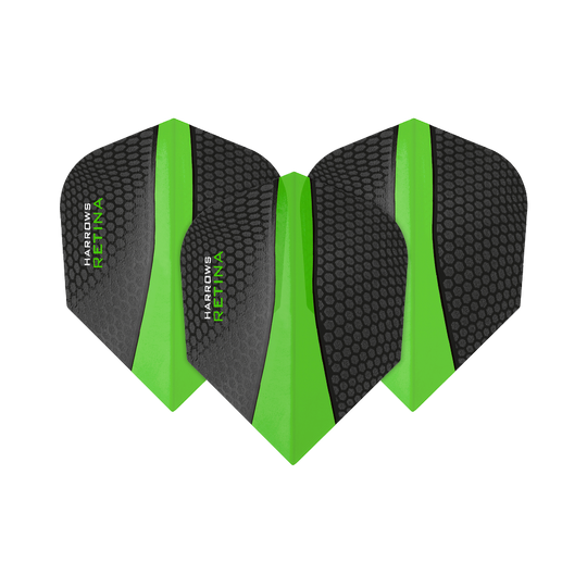 HR5508_Harrows_Retina_Gr-n_No2_Standard_Flights_1AV73P6u6pgubz Das Bild zeigt drei Dart-Flights des Modells "Harrows Retina Grün No6". Die Flights sind schwarz mit einer grünen, mittig verlaufenden Linie und haben eine strukturierte Oberfläche.
