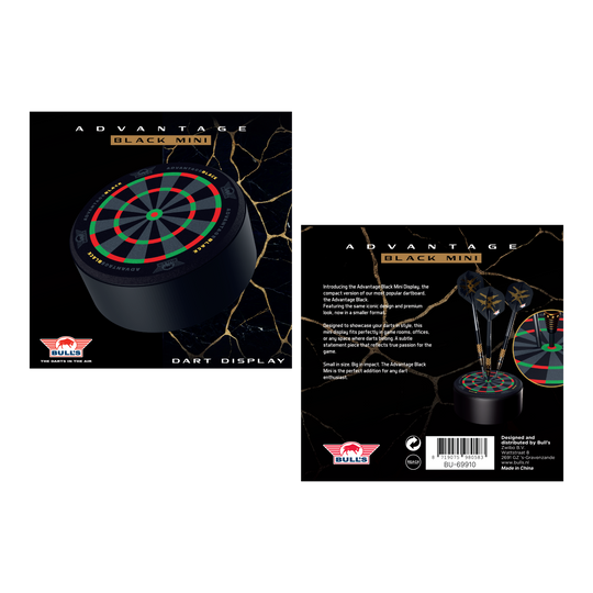 Das Bild zeigt den Bulls NL Advantage Black Mini Dart Display Darthalter. Der Halter ist ideal zur Ausstellung von Mini-Darts.