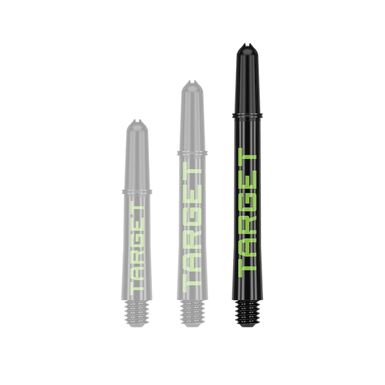 Wałki Target Pro Grip TAG – 3 zestawy – czarno-zielone Ein Dart-Schaft mit auffällig langem Profil ist zu sehen. Die Farbgebung und Oberfläche sind gut erkennbar.