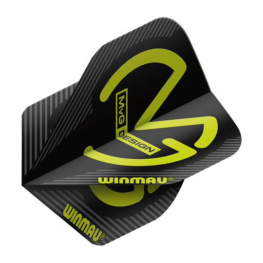 Das Bild zeigt die Winmau Mega MvG Black Standard Flights für Darts. Die Flights sind schwarz mit gelben Akzenten und dem Winmau-Logo versehen.