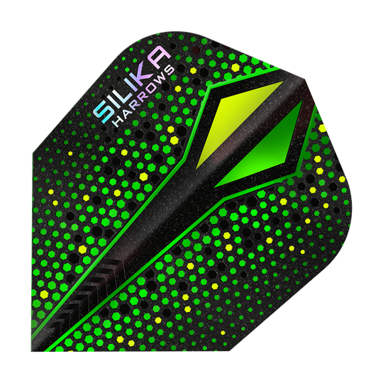 Harrows Silika Colorshift Twarda powłoka krystaliczna Green-X No6 Loty Das Bild zeigt ein Dart Flight mit dem Namen „Harrows Silika Colourshift Tough Crystalline Coating Green-X No6“. Es hat ein auffälliges Design mit grünen und gelben Hexagon-Mustern auf schwarzem Hintergrund.