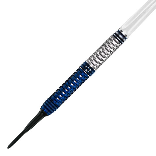 Zu sehen ist ein Harrows GEO Parallel Softdart im Detail. Es handelt sich um ein modernes Dartpfeil-Modell für Softdartspiele.