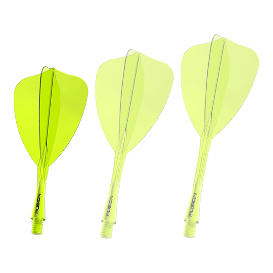 Winmau Fusion Flight Shaft System Arrow Neon Yellow Das Bild zeigt ein Dartshaft- und Flight-System in Neongelb mit einer Länge von 22 mm. Es handelt sich um das 'Fusion Flight Shaft System Arrow' von Winmau.