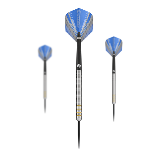 Das Bild zeigt die Shot Ritchie Edhouse Core Steeldarts. Es handelt sich um ein Set von hochwertigen Steeldarts für Dartspieler.