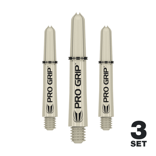 Drążki Target Pro Grip - 3 zestawy - piasek Das Bild zeigt drei sandfarbene "Pro Grip" Dartschäfte der Marke Target. Unten rechts steht "3 Set", was darauf hinweist, dass es sich um ein Set mit drei Schäften handelt.