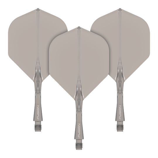 System wałów lotniczych Winmau Fusion Standard Smokey Das Bild zeigt drei graue Dart-Flights mit transparenten Schäften. Sie sind ordentlich nebeneinander angeordnet und haben eine standardisierte Pfeilform.