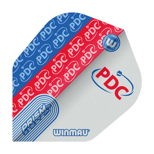 Das Bild zeigt ein Dartflight mit dem Design "Winmau Prism Zeta PDC No6". Es ist in den Farben Blau, Rot und Weiß gehalten und trägt die Logos von PDC und Winmau.