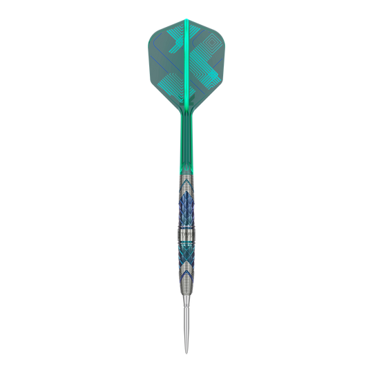 Dieses Bild zeigt einen Target Japan Kaze Series Ceros 02 Steeldart mit 23 Gramm Gewicht. Der Dart ist modern gestaltet und hat ein auffälliges, buntes Design mit blauen und grünen Farbakzenten.