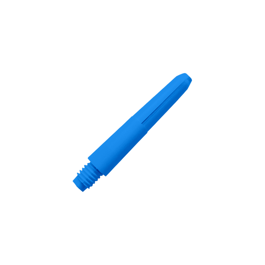 Das Bild zeigt einen blauen Nylon-Schaft. Er hat ein Gewinde an einem Ende und ist glatt und länglich geformt.