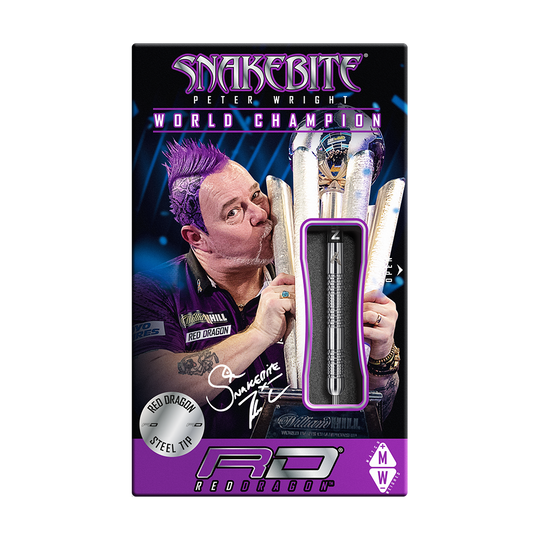RD1677_Red_Dragon_Peter_Wright_Snakebite_Euro_11_Steeldarts_3 Auf der Verpackung sind die "Red Dragon Peter Wright Snakebite Euro 11 Steeldarts" zu sehen. Das Bild zeigt Peter Wright mit Pokal und die abgebildeten Steeldarts im Vordergrund.