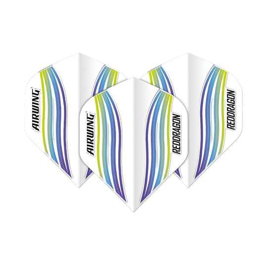 Standardowe loty Red Dragon Airwing Blue Wave Das Bild zeigt drei Dart-Flights des Produkts "Red Dragon Airwing Blue Wave Standard Flights". Die Flights sind weiß mit blauen, grünen und gelben Wellenlinien und tragen die Aufschrift "AIRWING" und "RED DRAGON".