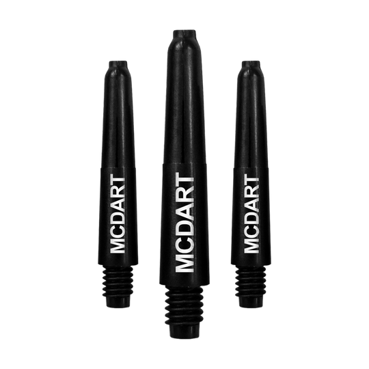 Das Bild zeigt drei schwarze Nylon-Dartschäfte mit der Aufschrift "MCDART". Sie sind in einer aufrechten Position nebeneinander angeordnet.