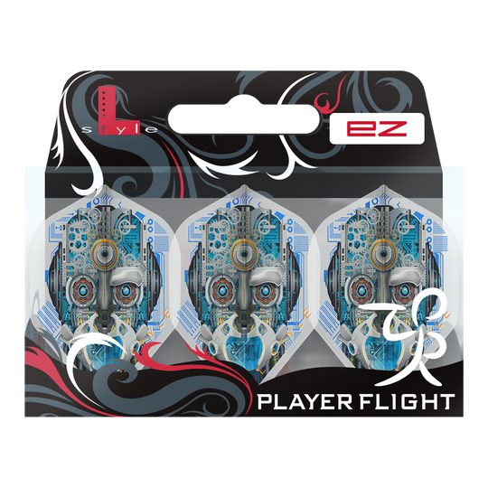 Loty L1EZ w stylu L Berry Van Peer V3 Clear White Das Bild zeigt eine Verpackung mit drei weißen Dart-Flights namens "L-Style Berry Van Peer V3 Clear White L1EZ". Die Flights haben ein futuristisches Design mit einem Roboter-Gesicht auf jedem Flight.