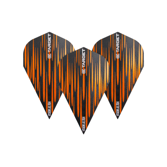 TG72_332380_Target_Vision_Ultra_Spectrum_Orange_Vapor_Flights_1p7OPDfgfpRuXC Das Bild zeigt drei Dart-Flights des Produkts „Target Vision Ultra Spectrum Orange Vapor Flights“. Sie sind schwarz mit orangefarbenen Streifen und haben den Schriftzug „TARGET“ sowie „VISION ULTRA“ aufgedruckt.