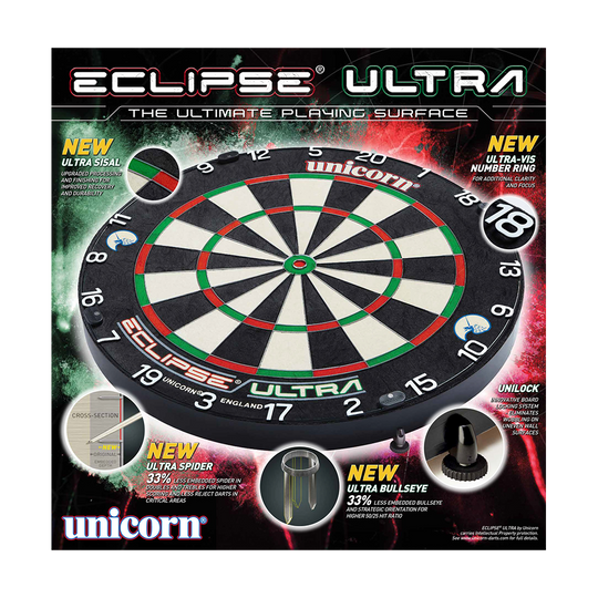 Das Bild zeigt das Produkt "Unicorn Eclipse Ultra Steeldartboard" in seiner Verpackung. Es hebt neue Features wie Ultra Sisal, Ultra Spider und Ultra Bullseye hervor.