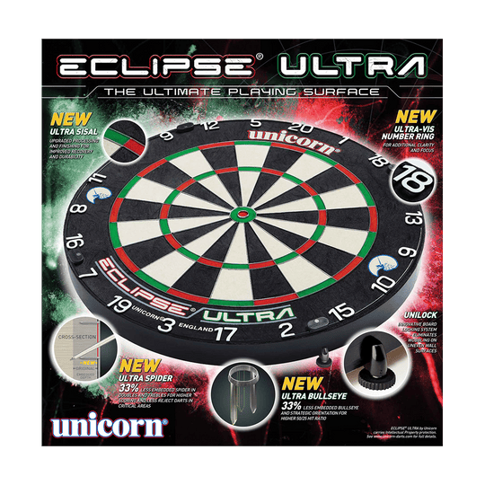 Stalowa tarcza do darta Unicorn Eclipse Ultra Das Bild zeigt das Produkt "Unicorn Eclipse Ultra Steeldartboard" in seiner Verpackung. Es hebt neue Features wie Ultra Sisal, Ultra Spider und Ultra Bullseye hervor.