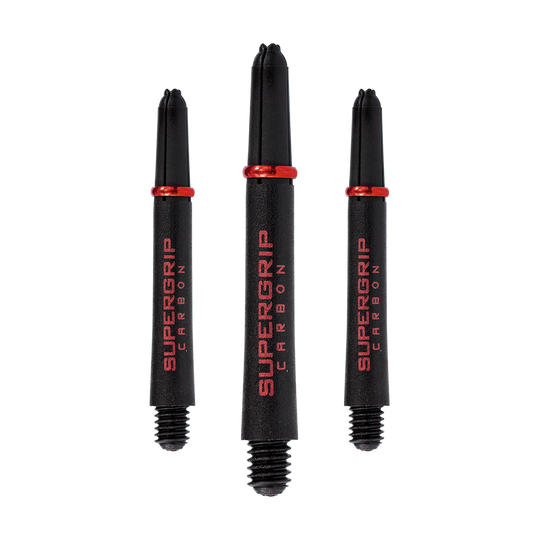 Das Bild zeigt drei schwarze Harrows Supergrip Carbon Shafts mit roten Akzenten. Die Shafts sind in unterschiedlichen Längen angeordnet und haben den Aufdruck "SUPERGRIP CARBON" in Rot.