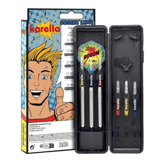 Karella Comic Line CL-1 stalowe lotki - 22g Hier sehen Sie den Karella Comic Line CL-1 Steeldarts - 22g. Das Foto präsentiert Details des Dartpfeils.