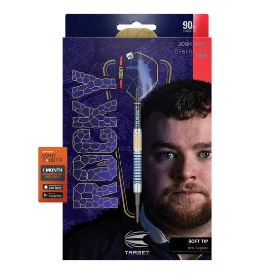 Target Josh Rock GEN1 Miękkie lotki - 20g Die Abbildung zeigt die Softdarts "Target Josh Rock GEN1" mit einem Gewicht von 20g. Auf der Verpackung ist ein Porträt eines Mannes sowie die Angabe "90% Tungsten" und "SOFT TIP" zu sehen.