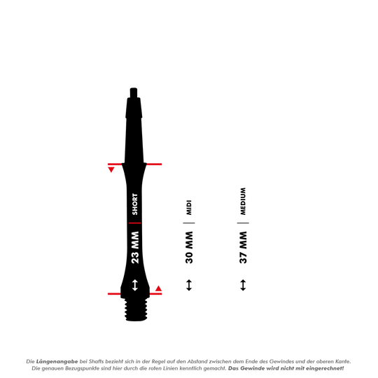 HRC-12602_Harrows_Clic_Slim_Shafts_White_5_23mmSPFkSTLdz8ayC Das Bild zeigt die Harrows Clic Slim Shafts in Schwarz mit drei verschiedenen Längenoptionen: Short (23 mm), Midi (30 mm) und Medium (37 mm). Die roten Linien markieren die Messpunkte für die Längenangabe, das Gewinde wird dabei nicht mitgerechnet.