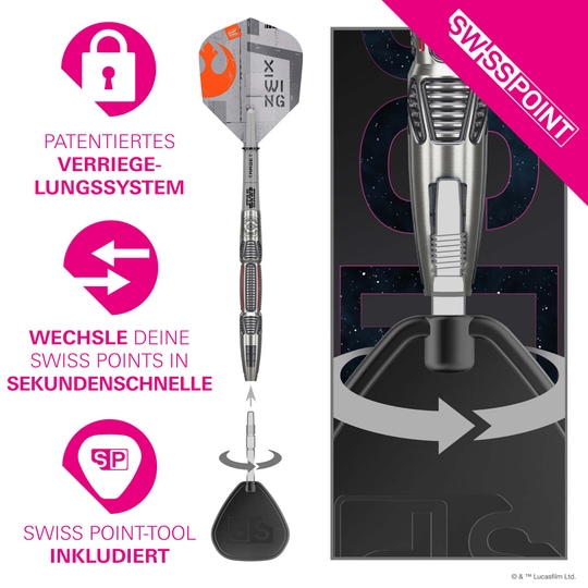 Stalowe lotki Swiss Point firmy Target Star Wars X-Wing Target Star Wars X-Wing Swiss Point Steeldarts sind abgebildet. Das Produkt ist inspiriert von Star Wars und in einem speziellen Design gestaltet.