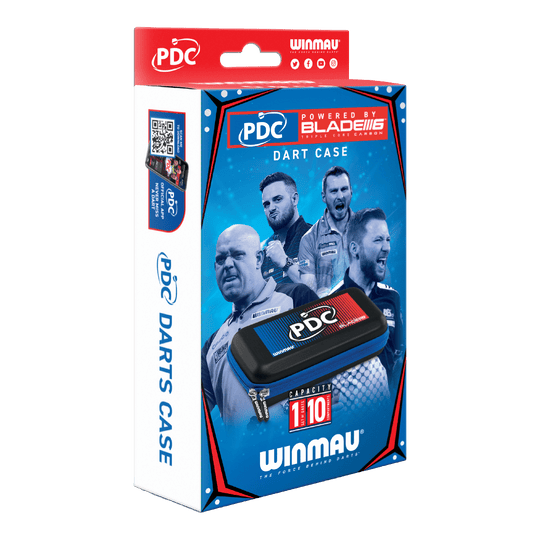 Etui na lotki Winmau PDC Die Abbildung zeigt die Verpackung des Winmau PDC Dartcase. Auf der Box sind Bilder von Dartspielern sowie das Etui und die Markenlogos zu sehen.