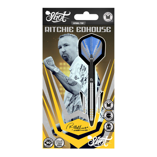 Das Bild zeigt die Shot Ritchie Edhouse Core Steeldarts aus einer anderen Perspektive. Die Darts sind präzise verarbeitet und ideal für Profis.