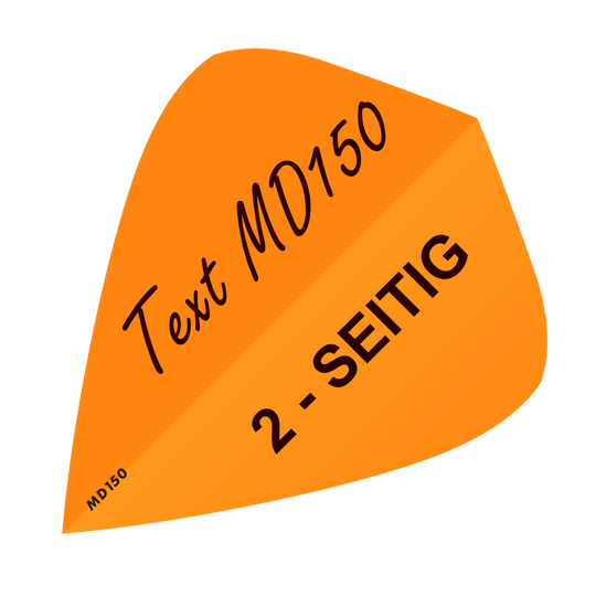 Dieses Bild zeigt ein neonoranges, drachenförmiges Dart-Flight. Darauf steht der Text „Text MD150“ und „2-SEITIG“.