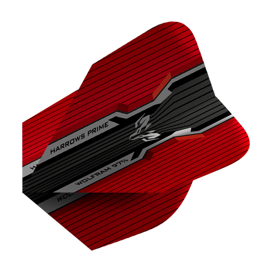 HR7514_Harrows_Prime_Wolfram_Infinity_No2_Standard_Flights_2 Das Bild zeigt einen Harrows Prime Wolfram Infinity No2 Standard Flight in den Farben Rot und Schwarz. Auf dem Flight sind die Aufschriften "HARROWS PRIME" und "WOLFRAM 97%" zu sehen.