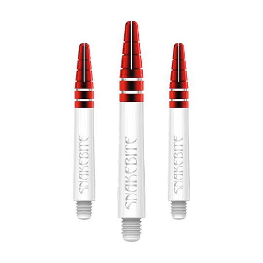 Das Bild zeigt drei rote und weiße Dartschäfte mit der Aufschrift "Snakebite". Es handelt sich um das Produkt "Red Dragon Nitrotech Peter Wright Red Shafts - 39mm".