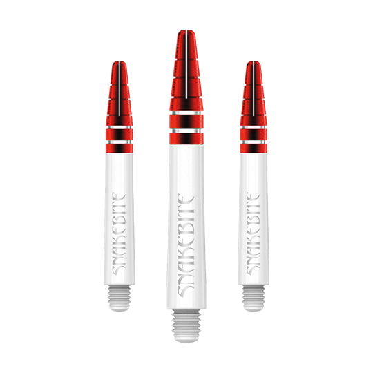C803_Red_Dragon_Nitrotech_Peter_Wright_White_Red_Shafts_39mm_1 Das Bild zeigt drei rote und weiße Dartschäfte mit der Aufschrift "Snakebite". Es handelt sich um das Produkt "Red Dragon Nitrotech Peter Wright Red Shafts - 39mm".