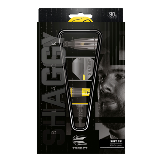 Lotki Target Scott Williams Shaggy Black Soft Darts - 20g Das Bild zeigt die Verpackung der "Target Scott Williams Shaggy Black Softdarts - 20g". Die Darts bestehen zu 90% aus Wolfram und haben eine schwarze und gelbe Optik.
