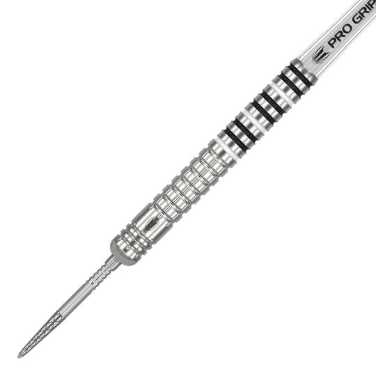 Target Chris Dobey GEN1 Swiss Point Steeldarts Das Bild zeigt einen silbernen Steeldartpfeil mit einem detailreich gearbeiteten Griff. Auf dem Schaft steht "PRO GRIP" und der Pfeil hat mehrere schwarze Ringe als Markierungen.